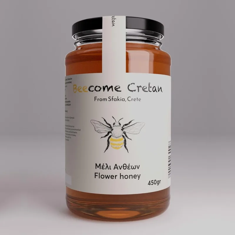 Μέλι ανθέων Beecome Cretan σε βάζο 450gr με λευκή ετικέτα