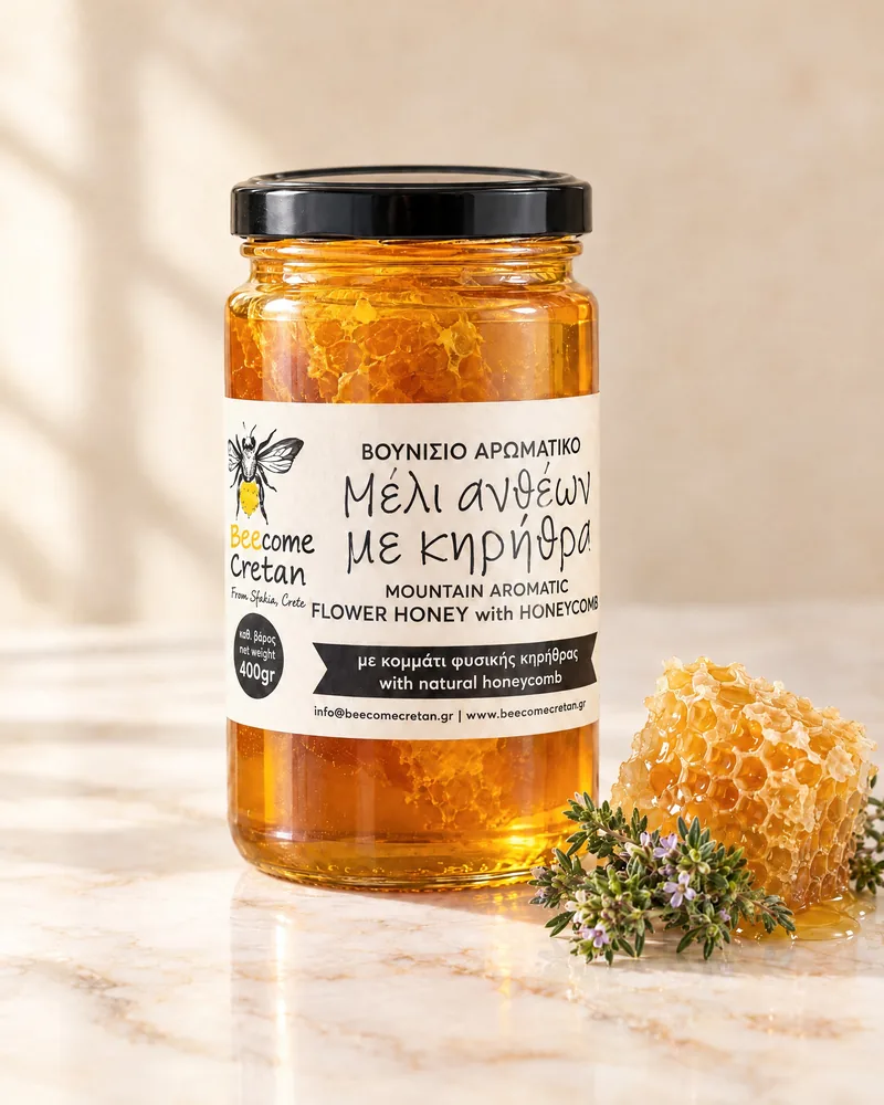 Βουνίσιο αρωματικό μέλι ανθέων με κηρήθρα Beecome Cretan, βάζο 400gr, με κομμάτι κηρήθρας και θυμάρι (εικόνα προϊόντος που δημιουργήθηκε με AI, με βάση την πραγματική ετικέτα)