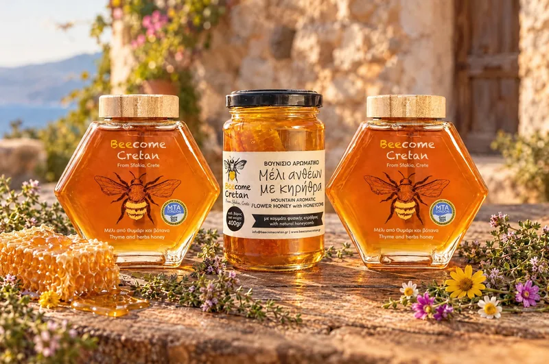 Μέλι από θυμάρι και βότανα Beecome Cretan στα εξάγωνα βάζα με το χρυσό βραβείο, και μέλι ανθέων με κηρήθρα, σε πέτρινο τραπέζι με θυμάρι (εικόνα που δημιουργήθηκε με AI, με βάση τις πραγματικές ετικέτες)