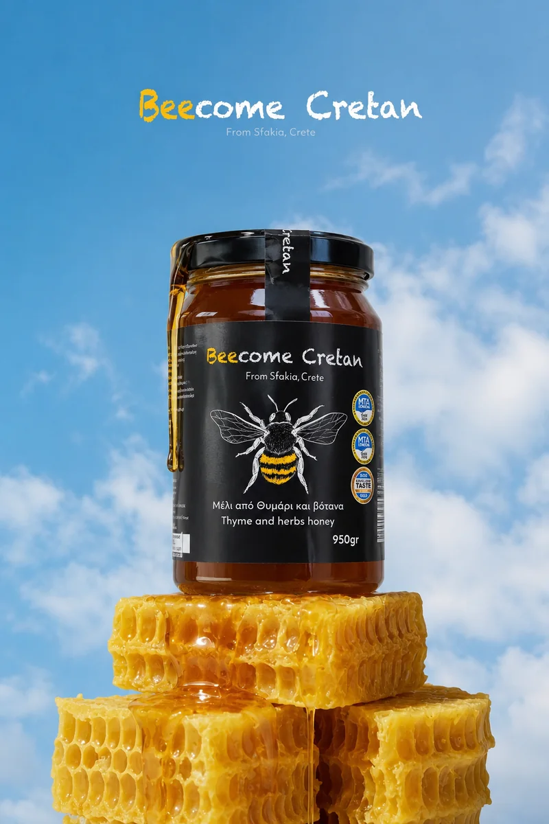 Θυμαρίσιο μέλι Beecome Cretan σε βάζο 950gr, πάνω σε κηρήθρα