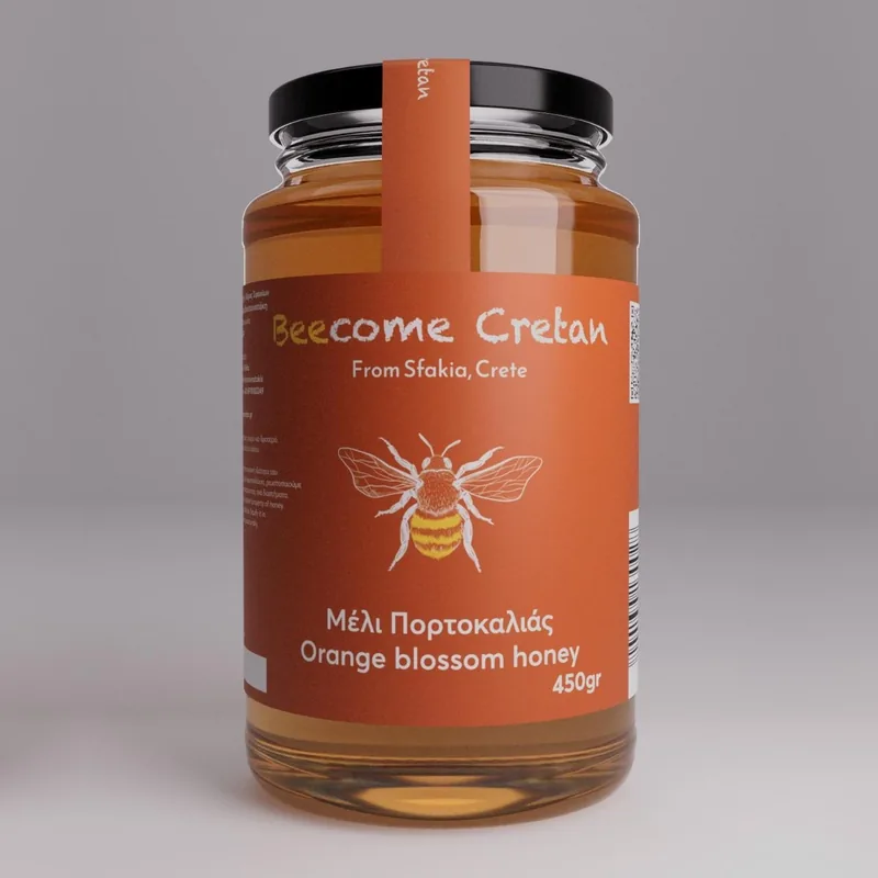 Μέλι πορτοκαλιάς Beecome Cretan σε βάζο 450gr με πορτοκαλί ετικέτα
