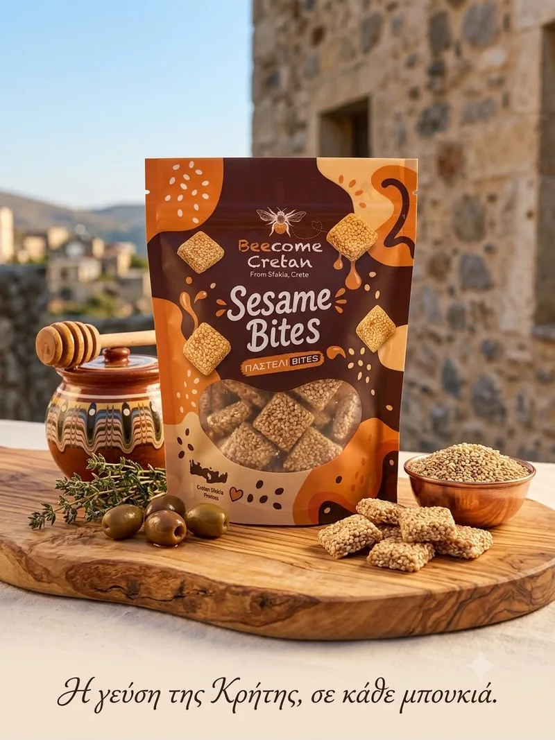 Sesame Bites με φόντο πέτρινο χωριό