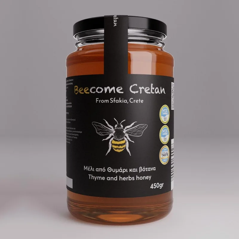 Μέλι από θυμάρι και βότανα Beecome Cretan σε βάζο 450gr με μαύρη ετικέτα και τα τρία χρυσά μετάλλια